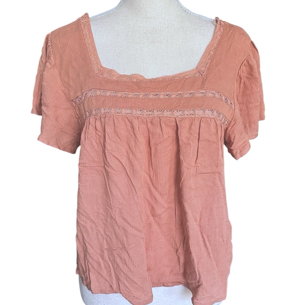 Rewind Terracotta Peach Lace Trim Smocked Back Babydoll Top Women's L Boho